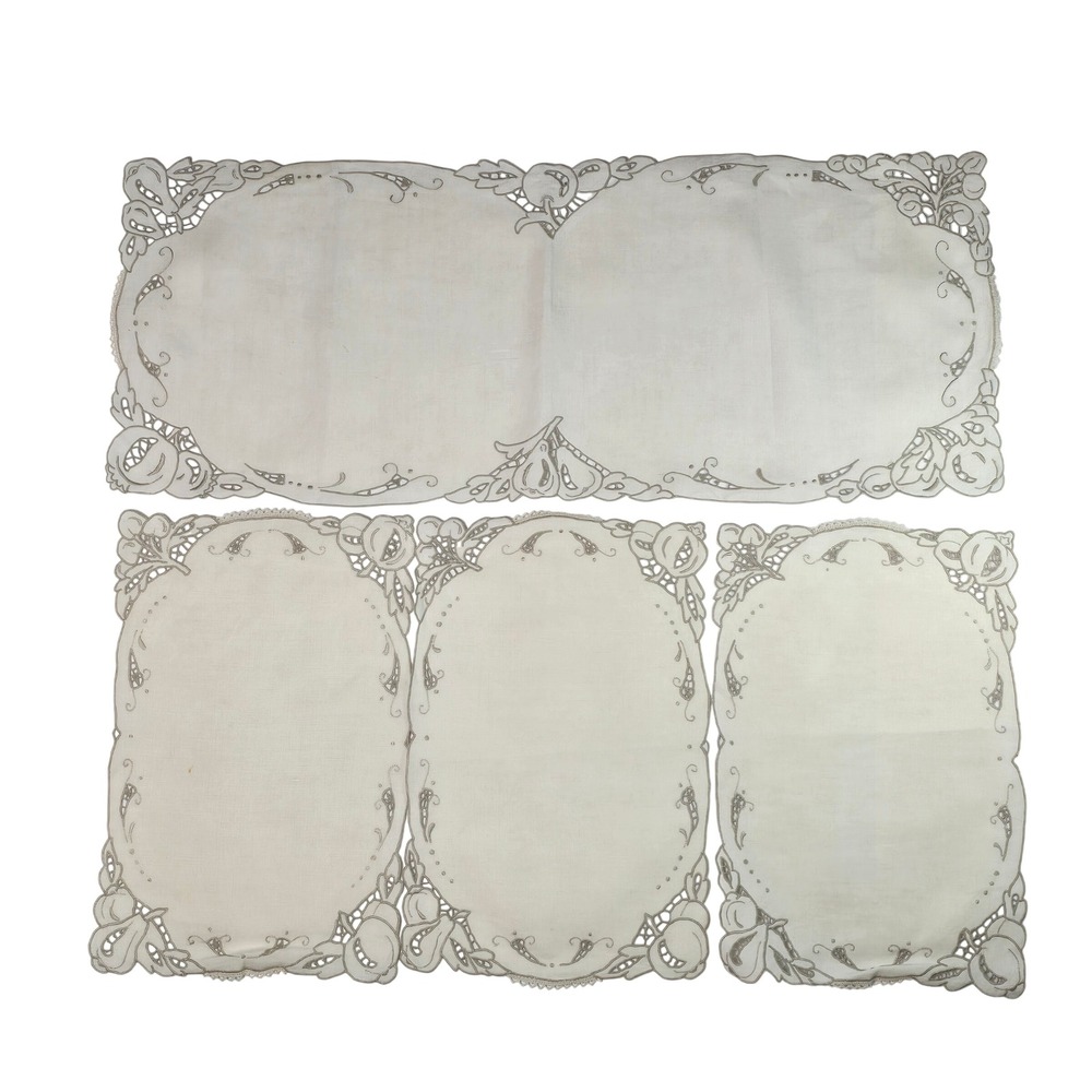 Vintage Linen Table Runner Placemat Set Cream Cutwork Lace Floral Fruit 4pc